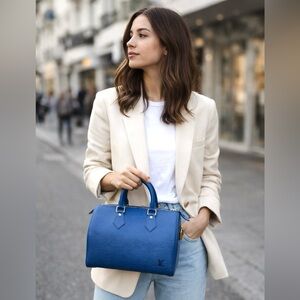 Authentic Louis Vuitton Speedy 25 Epi Leather Bag blue Toledo satchel